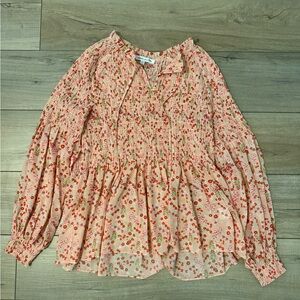 Rose + Olive Pale Pink Sheer Long Sleeve Ditsy Floral Print Peasant Blouse